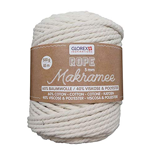 GLOREX 5 1007 11 - Makramee Rope 5 mm, superweiches Textilgarn aus 60 % Baumwolle / 40 % Viskose, zum Häkeln, Stricken, Knüpfen und textilen Gestalten, 500 g, ca. 85 m, gedreht creme von GLOREX