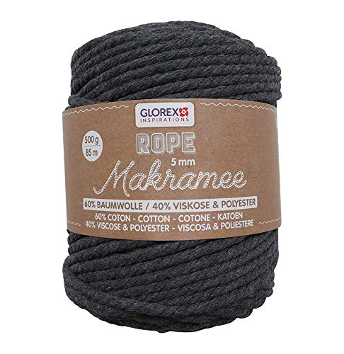 GLOREX 5 1007 14 - Makramee Rope 5 mm, superweiches Textilgarn aus 60 % Baumwolle / 40 % Viskose, zum Häkeln, Stricken, Knüpfen und textilen Gestalten, 500 g, ca. 85 m, gedreht anthrazit von Glorex