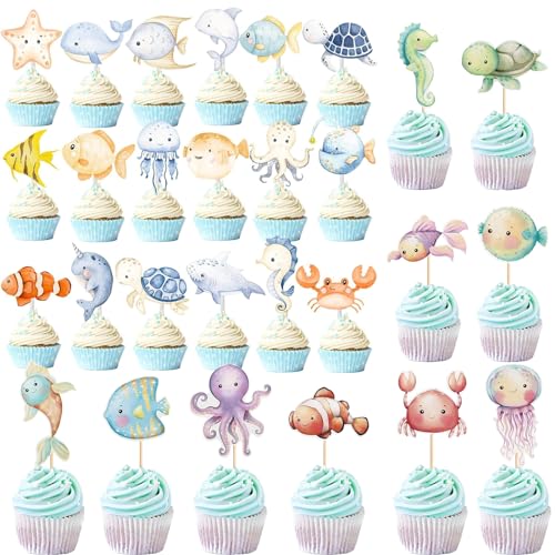 Gloryit 56 Stück Essbare Tortendeko,Meerestiere Cake Topper,Ozean Thema Party Deko, Meerestiere Cake Dekoration für Kinder Unter Dem Ocean World Thema Geburtstag Baby Shower Party Supplies von Gloryit