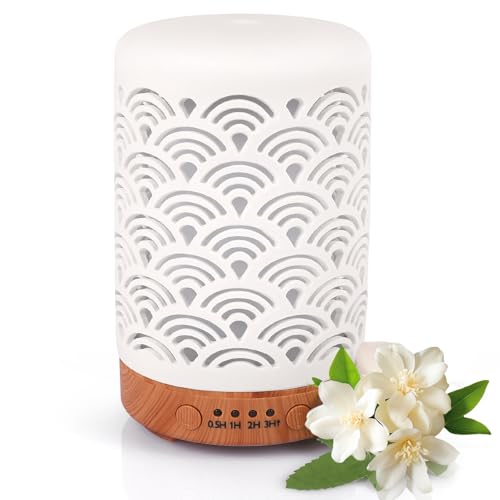 Glovios Aroma Diffuser, 100 ml Keramik Luftbefeuchter Duftöl Diffuser, Essential Oil Diffuser mit 7 Farben LED, Timer, Diffusor für Schlafzimmer Wohnzimmer Büro, Wasserlose Abschaltautomatik von Glovios