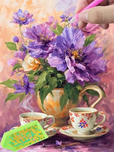 Diamond Painting Blumen Kaffeetasse, Diamond Painting Erwachsene, Diamant Painting Bilder Full Drill 50x70cm 5D DIY Diamond-Painting Stickerei Set, Zur Entspannung und Wanddeko Geschenk U-177 von Glslmznq