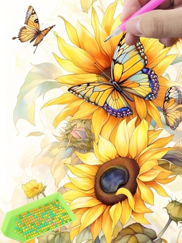 Diamond Painting Schmetterling Sonnenblumen, Diamond Painting Erwachsene, Diamant Painting Bilder Full Drill 35x50cm 5D DIY Diamond-Painting Stickerei Set, Zur Entspannung und Wanddeko Geschenk U-159 von Glslmznq