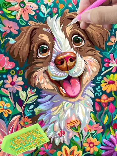 Diamond Painting für Erwachsene Anfänger und Kinder ab 6 Jahre, Blumen Hunde 5D Diamant Painting Bilder, 50x70cm DIY Diamantmalerei Mosaikherstellung Kit für Home Deko, Festivals Geschenke T-175 von Glslmznq