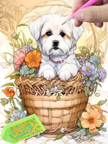 Diamond Painting für Erwachsene Anfänger und Kinder ab 6 Jahre, Blumenkorb Hund 5D Diamant Painting Bilder, 60x80cm DIY Diamantmalerei Mosaikherstellung Kit für Home Deko, Festivals Geschenke T-186 von Glslmznq