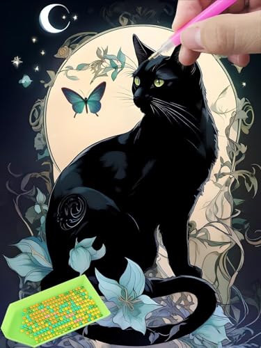 Diamond Painting für Erwachsene Anfänger und Kinder ab 6 Jahre, schwarze Katze 5D Diamant Painting Bilder, 35x50cm DIY Diamantmalerei Mosaikherstellung Kit für Home Deko, Festivals Geschenke T-133 von Glslmznq