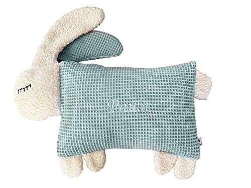 Glückspilz Kuscheltier-Kissen Babykissen I Kinder Tierkissen Hase I mit Namen Bestickt personalisierbar I Waffelpique I Mint von Glückspilz-Shop