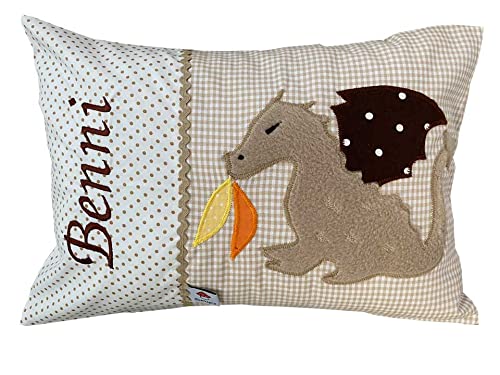 Glückspilz Namenskissen, Babykissen mit Namen Bestickt, Drache beige, 30 x 45 cm von Glückspilz-Shop