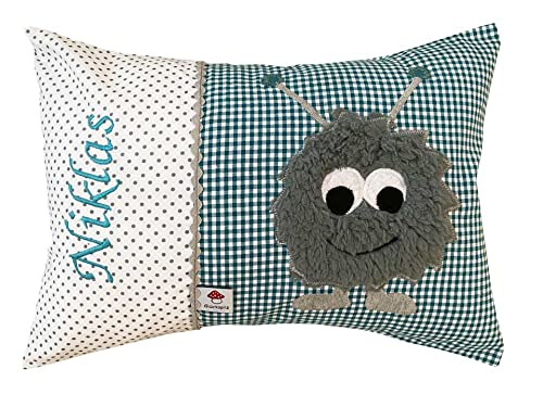 Glückspilz Namenskissen, Babykissen mit Namen Bestickt, Monster Petrol, 40 x 60 cm von Glückspilz-Shop