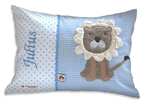 Glückspilz Namenskissen Babykissen, Löwe, Hellblau, 25 x 35 cm von Glückspilz-Shop