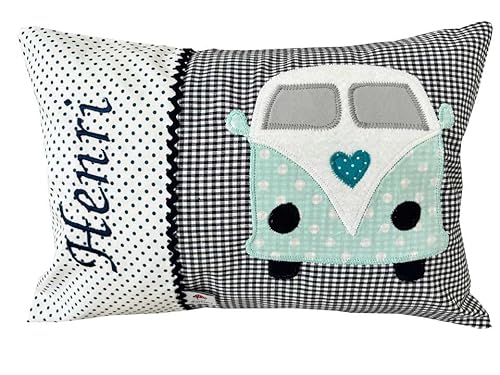 Glückspilz Namenskissen Babykissen I Auto VW Käfer I Kissen mit Namen personalisiert I Geschenk zu Geburt oder Geburtstag I Blau (30 x 45 cm) von Glückspilz-Shop