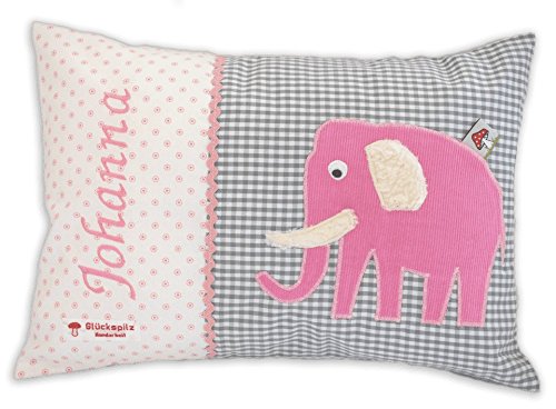 Glückspilz Namenskissen Babykissen I Elefant I Rosa Grau I 25 x 35 cm von Glückspilz-Shop