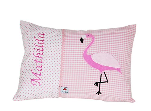 Glückspilz Namenskissen Babykissen I Flamingo I Kissen mit Namen personalisiert I Geschenk zu Geburt, Taufe, Geburtstag I pink auf rosa (30 x 45 cm) von Glückspilz-Shop