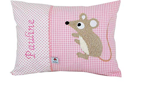 Glückspilz Namenskissen Babykissen I Maus I mit Namen personalisiert I Geschenk zu Geburt, Taufe oder Geburtstag I Rosa (30 x 45 cm) von Glückspilz-Shop