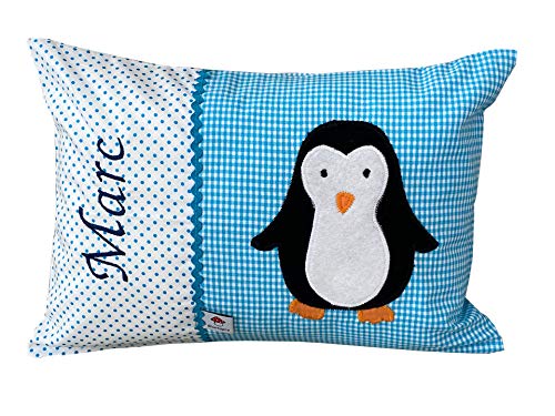 Glückspilz Namenskissen Babykissen I Pinguin I mit Namen personalisiert I Geschenk zu Geburt, Taufe oder Geburtstag I Türkis (30 x 45 cm) von Glückspilz-Shop