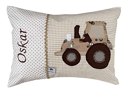 Glückspilz Namenskissen Babykissen I Traktor Trecker I Dekokissen Kind mit Namen Bestickt personalisiert I Beige Braun I 30 x 45 cm von Glückspilz-Shop