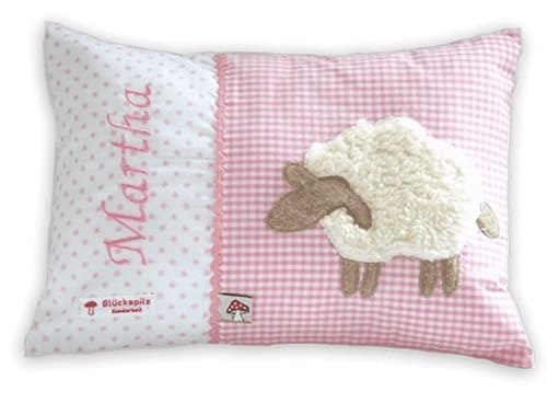 Glückspilz Namenskissen personalisiert, Babykissen mit Namen Bestickt, Schaf, Rosa, 25 x 35 cm von Glückspilz-Shop