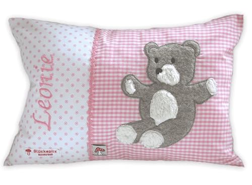 Glückspilz Namenskissen personalisiert, Babykissen mit Namen Bestickt, Teddybär, Rosa, 40 x 60 cm von Glückspilz-Shop