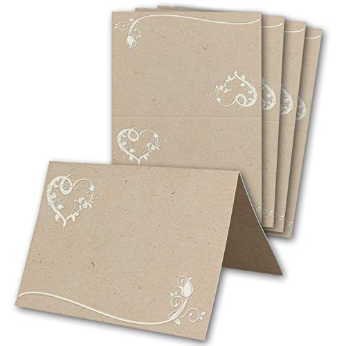 Glüxx Agent 25 Tischkarten Hochzeit - Kraftpapier-Optik mit Blumen-Ornament Herz - Platzkarten DIN A7 7,4 x 10,5 cm blanko bedruckbar zum Beschriften – Namenskarten, Tischreservierung für Taufe von Glüxx Agent