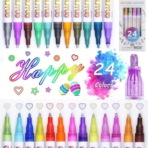 Konturenstift – Konturen-Marker – 24 Farben Kritzelstifte – Umrissschimmer-Marker – Bastelmarker für Geburtstag, Grußkarten, Zeichnen, Kunsthandwerk, Malerei, Tagebuch, Kritzelei-Zeichenzubehör von Gmokluytw