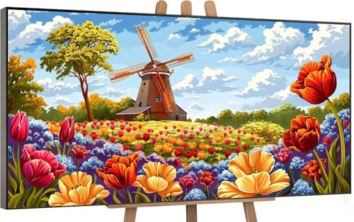 Malen Nach Zahlen Erwachsene Windmühle Malen Nach Zahlen Blume Paint by Numbers for Adults Anfänger DIY Leinwand Art Set mit Faltenfreie Leinwand und Pinseln Pigment,Zimmer Deko Wohnzimmer,40x80cm P-1 von Gnulguxo