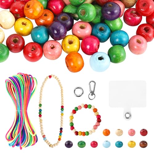 GoGou Perlen für Armbänder Selber Machen Holzperlen 200 bunte Perlen Set mit Fäden Verschlüssen für Kinder die Herstellung DIY Accessoires Schmuck Halsketten Handykette von GoGou