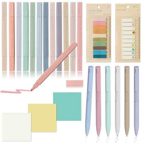 23 Textmarker Pastell Haftnotizen Tabs Set, Enthält 12 Textmarker mit zwei Enden, 2 Haftnotizen Tabs mit Lineal, 3 Sticky Notes und 6 Gelstiftes, Bunte Marker Stifte Aesthetic School Memo Stuff von GoaePode