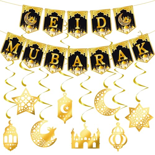 GoaePode Eid Mubarak Hängende Dekorationen, Ramadan Mubarak Hängende Banner, Gold Stern Mond Laterne Spirale Luftschlangen Kareem Home Party Supplies für Islamische Feiern und Moschee Dekoration von GoaePode