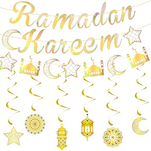 GoaePode Ramadan Mubarak Hängendes Banner, Ramadan Kareem Eid Mubarak Hängende Dekorationen, Gold Stern Mond Laterne Spirale Luftschlangen für Islamische Feiern und Moschee Ausgehöhlte Partyzubehör von GoaePode