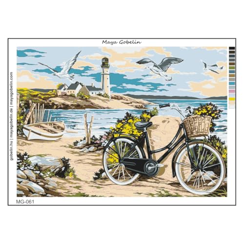 Gobelin Fahrrad, Boot, Leuchtturm – (MG-061) (70X50 cm) Stickbild Stickpackung Halber Kreuzstich von Gobelin