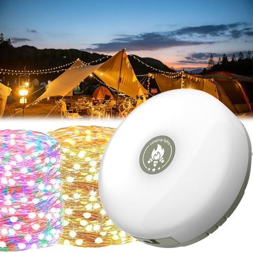 Gobesty Camping Lichterkette Aufrollbar, 2-in-1 Tragbare Camping Lichterkette 10M, Wasserdichte Lichterkette Aufrollbar mit 5 Beleuchtungsmodi, Led Campinglampe Aufladbar für Outdoor Camping Hof Dekor von Gobesty