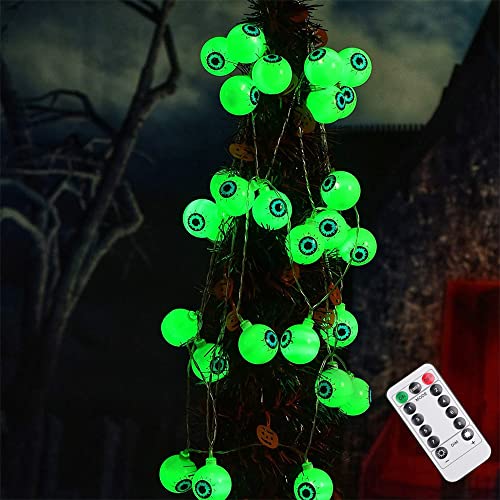 Gobesty Halloween Lichterkette Augapfel, 5M 30 LEDs Halloween Deko Licht Batteriebetrieben Wasserdicht Augapfel-Lichter mit Fernbedienung für Halloween Party Indoor Outdoor Dekorationen（Grüne von Gobesty