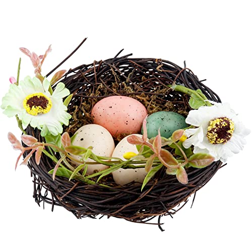 Vogelnest Deko, Gobesty Ostern Deko-Vogelnest mit 4 Eiern, Ostern Eiernest Osterkörbchen, Künstliches Natürliches Rattan Vogelnest, Ornamente für Zuhause/Oster Party/Foto Requisiten/Bastelbedarf, 12CM von Gobesty