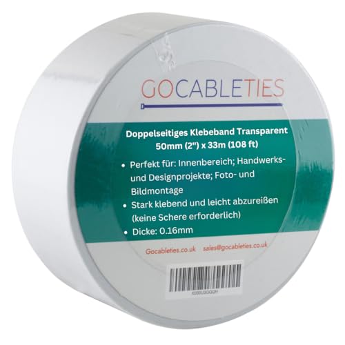 GOCABLETIES Doppelseitiges Klebeband Transparent, 50 mm x 33 m, Starkes Klebeband für Basteln, Dekorieren und Teppiche, 1 Rolle von GOCABLETIES