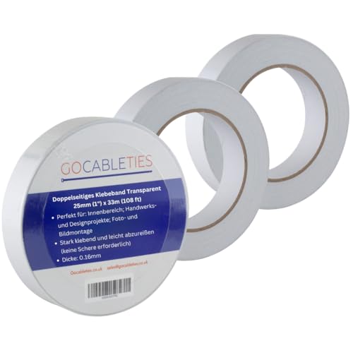 GOCABLETIES Doppelseitiges Klebeband Transparent, 25 mm x 33 m, Starkes Klebeband für Basteln, Dekorieren, 3 Rollen von GOCABLETIES