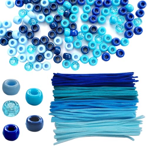 Gocelyn 2500pcs Pony Beads Bulk (Blau) mit 100pcs Chenille Stems Pipe Cleaners, 6x9mm Handarbeits-Ponyperlen mit großem Loch für DIY-Handarbeiten, Kandi-Schmuckherstellung und Haarflechten von Gocelyn