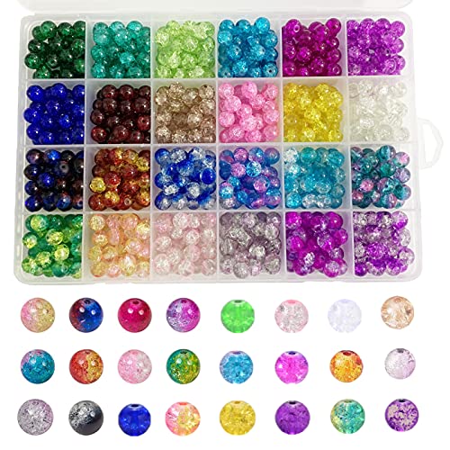 Gocelyn 600PCS 8mm Riss Glasperlen Set, 24-Raster Mehrfarbige Runde Handgefertigte Knistern Lampwork Perlen Sortiment Für Schmuckherstellung DIY Armband Halskette Erkenntnisse Perlen Projekte von Gocelyn