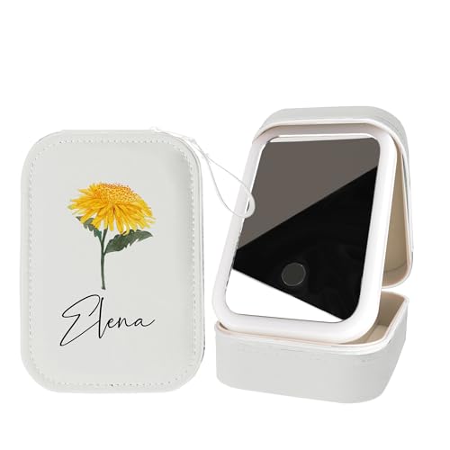 Godchoices Personalisierte Reise-Schmuckschatulle mit Geburtsblumen und Spiegel, Reise-Make-up-Etui mit Individuellem Namen und LED-Spiegel, Tragbare Make-up-Box mit beleuchtetem Spiegel für Frauen von Godchoices