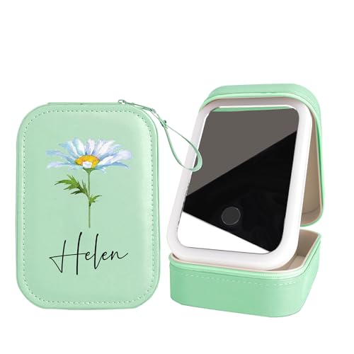 Godchoices Personalisierte Reise-Schmuckschatulle mit Geburtsblumen und Spiegel, Reise-Make-up-Etui mit Individuellem Namen und LED-Spiegel, Tragbare Make-up-Box mit beleuchtetem Spiegel für Frauen von Godchoices