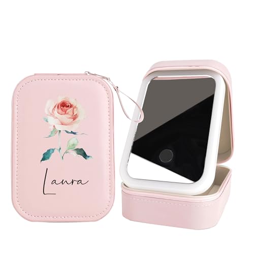 Personalisierte Reise-Schmuckschatulle mit Geburtsblumen und Spiegel, Reise-Make-up-Etui mit Individuellem Namen und LED-Spiegel, Tragbare Make-up-Box mit beleuchtetem Spiegel für Frauen von Godchoices