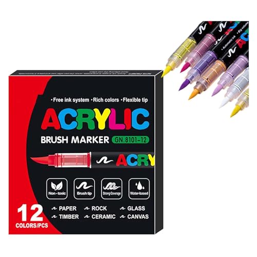 Stellaya Acryl-Marker für Malbücher, gerade, flüssige Acryl-Marker, Acryl-Pinselmarker für Erwachsene, Acrylfarben-Marker, Stiftpinsel, Doppelspitze, Acrylfarben-Marker (12 Farben) von Godemmio