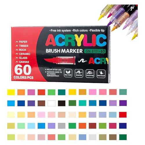 Stellaya Acryl-Marker für Malbücher, gerade, flüssige Acryl-Marker, Acryl-Pinselmarker für Erwachsene, Acrylfarben-Marker, Stiftpinsel, Doppelspitze, Acrylfarben-Marker (60 Farben) von Godemmio