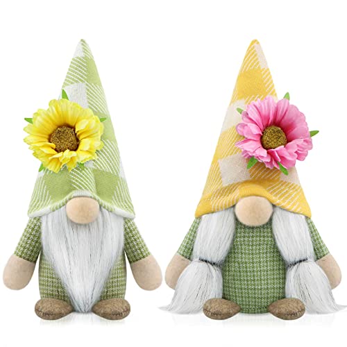 Godeufe 2er Set Sommer Wichtel Figuren Blume Frühling Dekoration Handgemachte Skandinavisches Tomte für Party Bauernhaus Home Tischdekoration (Gelb, Grün) von Godeufe