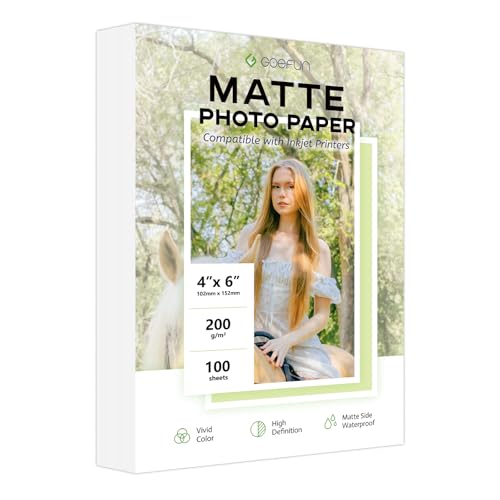 Goefun Fotopapier, matt, 10 x 15 cm, 200 g/m², Tintenstrahl-Fotopapier für Drucker, 100 Blatt Fotodrucker-Papier für Farbstofftinte und Pigmenttinte von Goefun