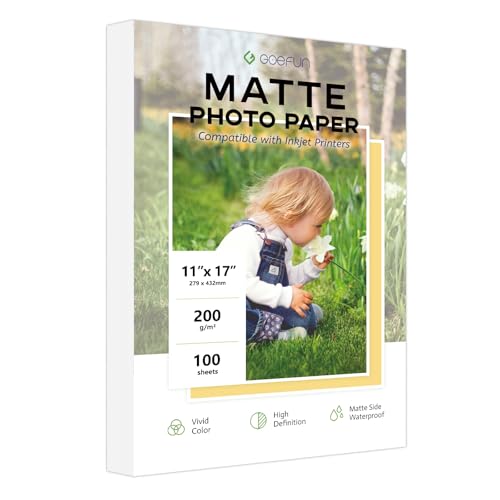 Goefun Fotopapier, matt, 28 x 43 cm, 200 g/m², Tintenstrahl-Fotopapier für Drucker, 100 Blatt Fotodrucker-Papier für Poster, Speisekarten und Kunstdrucke von Goefun