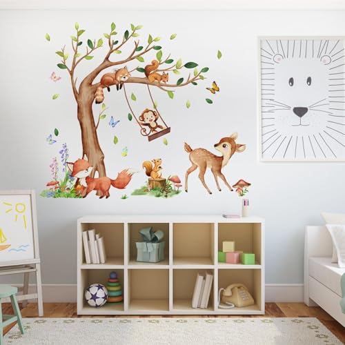 Wandtattoo Waldtiere Baum Wandaufkleber für Kinderzimmer,Fuchs Sikahirsch kleines Eichhörnchen Affe Baumstamm Schmetterling Blumen,Selbstklebende Wandsticker Babyzimmer Schlafzimmer Wanddeko von Goerpn