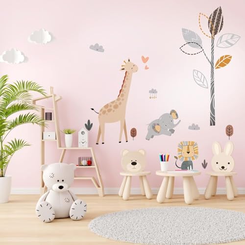 Wandtattoo Waldtiere Baum Wandaufkleber für Kinderzimmer,großer Baum Löwe Giraffe Elefant Blätter Wolken Selbstklebende Wandsticker Babyzimmer Schlafzimmer Wanddeko,Entfernen ohne Rückstände von Goerpn