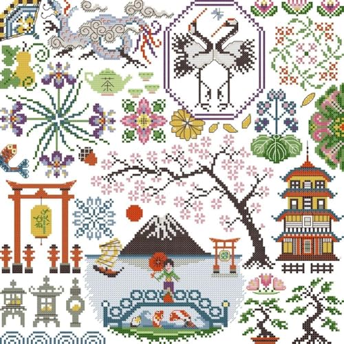 Gofission Kreuzstich Set Vorgedruckt Stickpackungen, Mt. Fuji Jigsaw Puzzle 14ct Stickset 37x37cm mit Stoff Vorlagen für Erwachsene Anfänger von Gofission