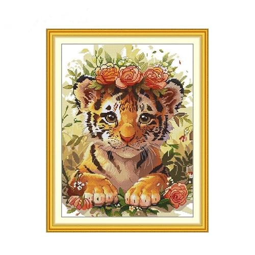 Gofission Kreuzstich Set Vorgedruckt Stickpackungen, Tiger mit Einer Girlande aus Blumen 14ct Stickset 37x47cm mit Stoff Vorlagen für Erwachsene Anfänger von Gofission