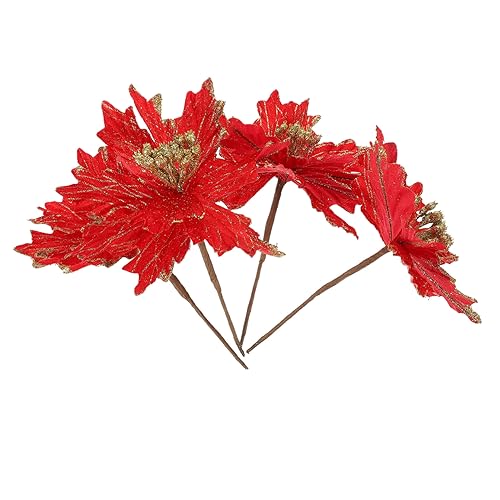 Gogogmee 4 Stück weihnachtsdeko weihnachtsblumen künstlich Christmas Decoration weihnachtsdeco künstliche Blumen Girlande künstliche weihnachtsblume glitzernde weihnachtsblume Tuch rot von Gogogmee