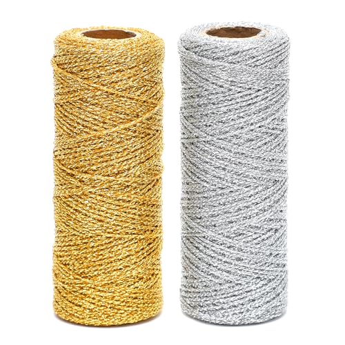 Gohytal 200M Gold und Silber Metallic Schnur, Geschenkband Gold, Goldfaden zum Basteln, 1.5MM Kordel Bindfaden DIY Bastelschnur,Verpackungsschnur für Geschenkpapier,Dekoration,Handwerk von Gohytal